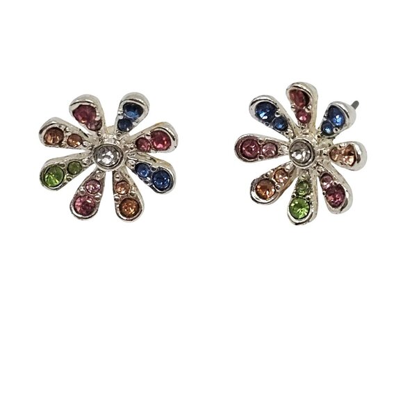 VTG Flower Power Rainbow Rhinestone Daisy Floral Stud Post Earrings Womens Gift - Picture 1 of 9